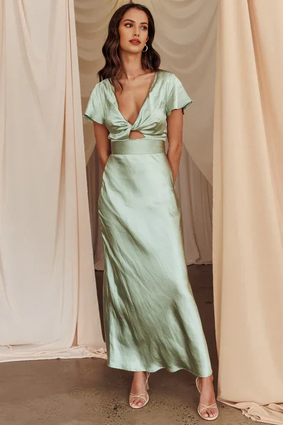 Robe Weitese à col en V profond et buste torsadé, manches courtes, robe de bal avec nœud dans le dos couleur sauge